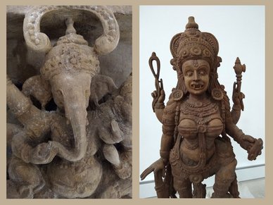 Links: Detail der feinen Schnitzerei, die Ganesha zeigt. Rechts: Dwarapalaka – eine mächtige Wächterfigur.